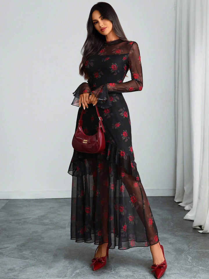 Black Bell Sleeve Printed Ruffle Detail Dress