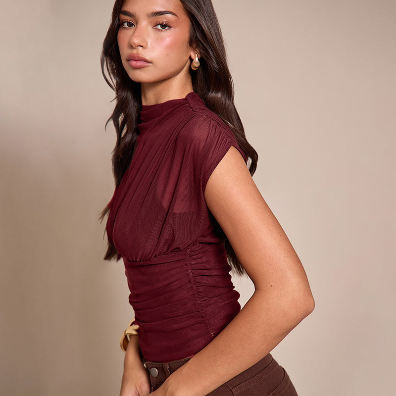 Maroon Short Sleeve Mesh Top