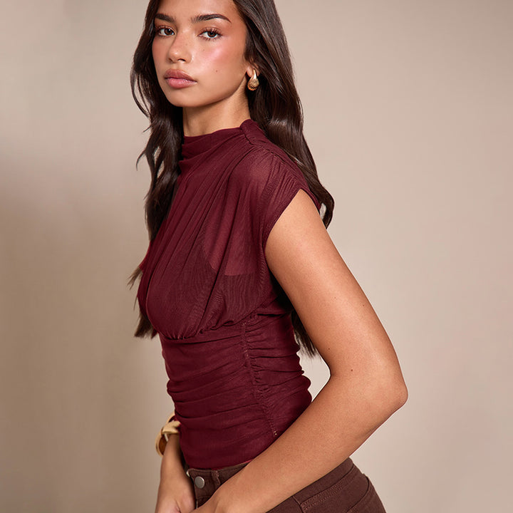 Maroon Short Sleeve Mesh Top