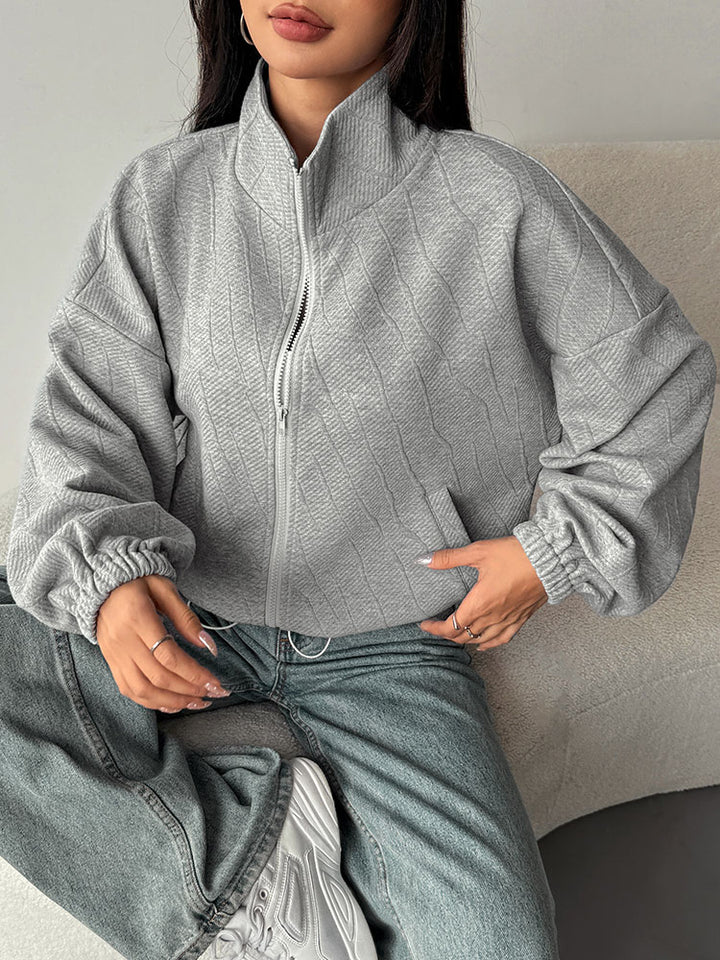 Grey Full Sleeve Collarded Front Zip Jacket