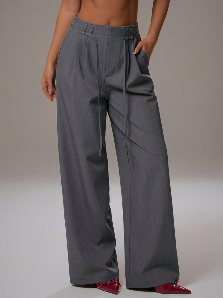 Grey High Waist Tie-Up Wide Leg Pant