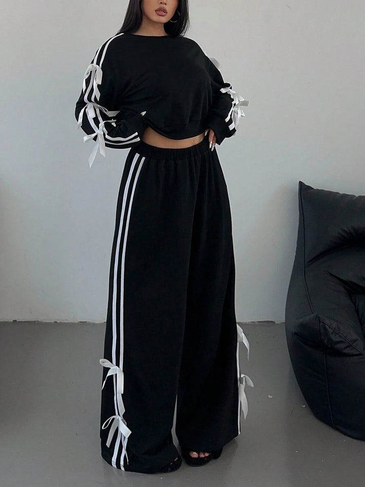 Black Bow Detail Contrast Pipin Sweatshirt And Pant Set