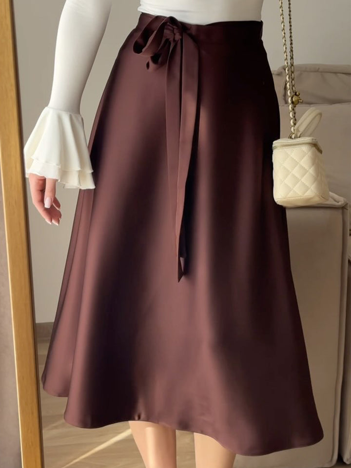 Brown High Waist Tie-Up Solid Skirt