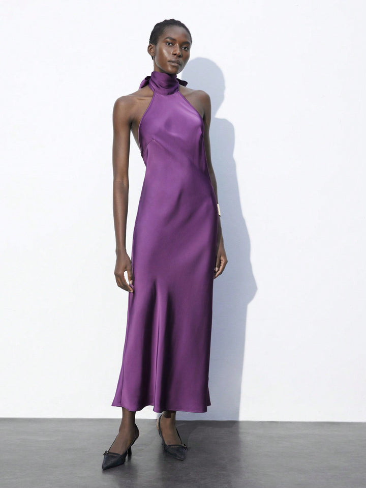 Purple Satin Back Bow Tie Up Maxi