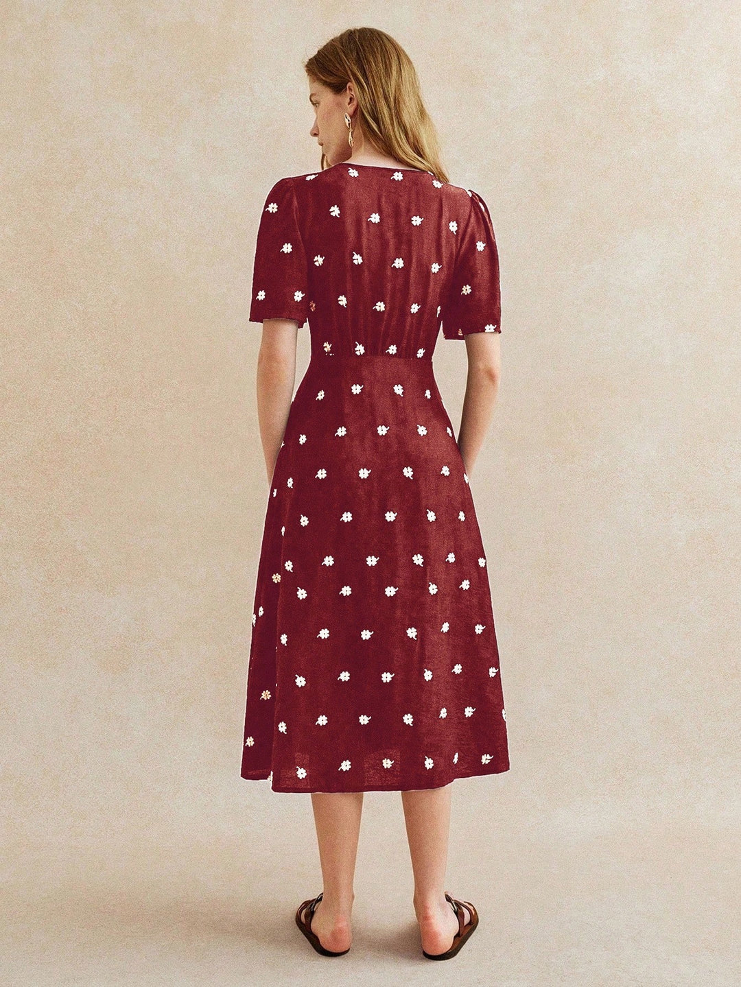 Maroon Short Sleeve V Neck Front Slit Dress