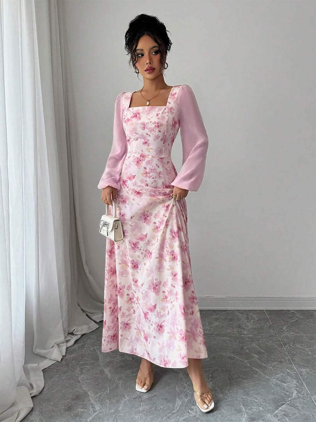 Pink Square Neck Balloon Sleeve Floral Dress