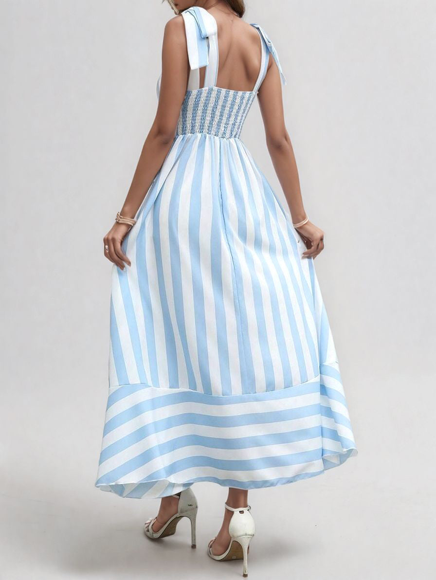 Blue Multi Stiped Tie Up Dress