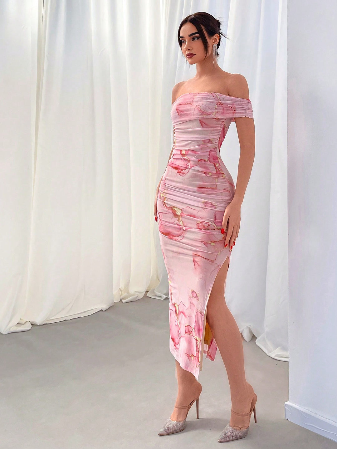 Pink Off Shoulder Floral Printed Dress