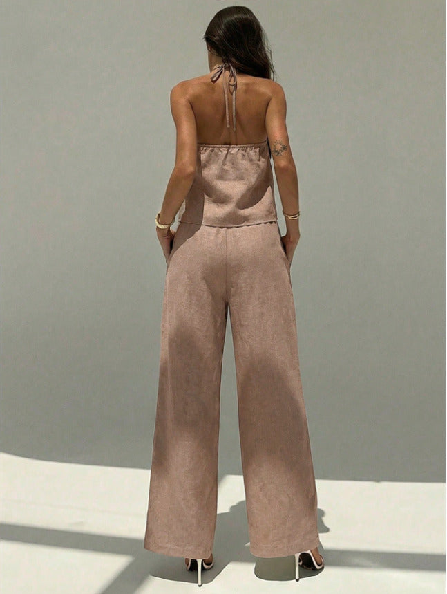 Brown Halter Neck Top And Pant Set