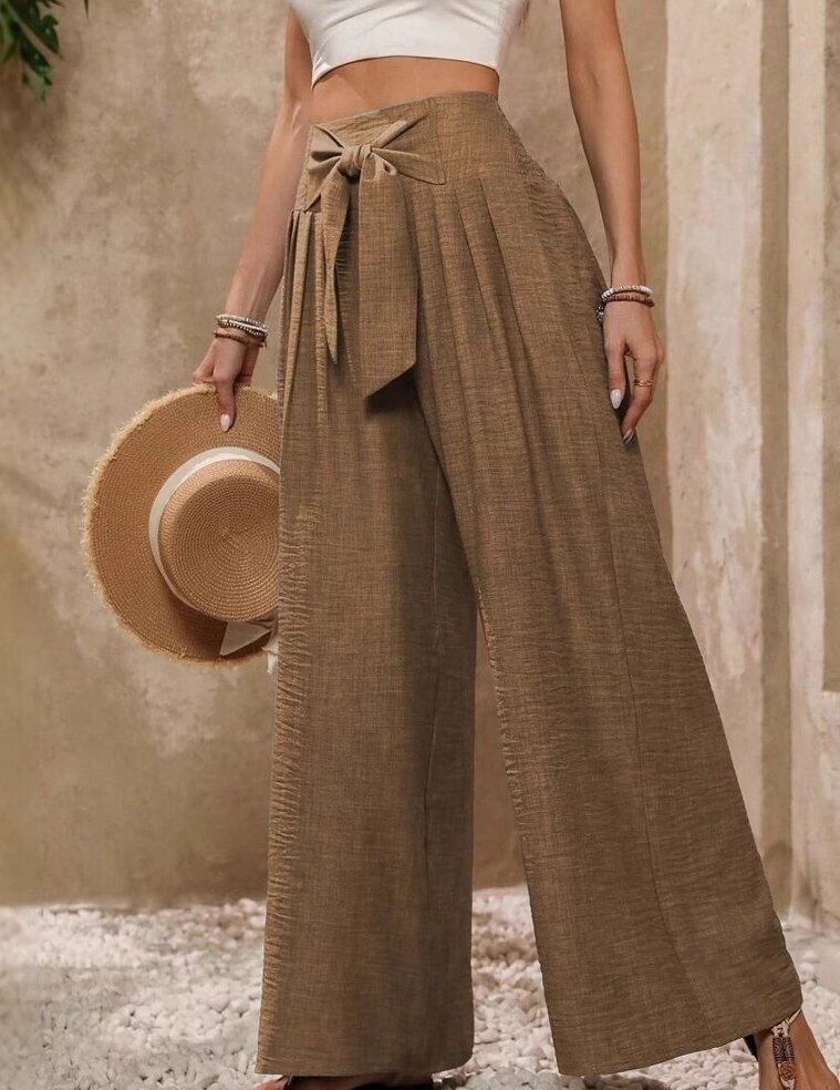 Brown Wide Leg Textured Trousers With Tie Up Detail
