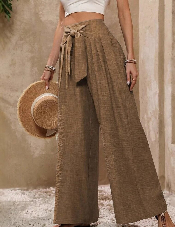 Brown Wide Leg Textured Trousers With Tie Up Detail
