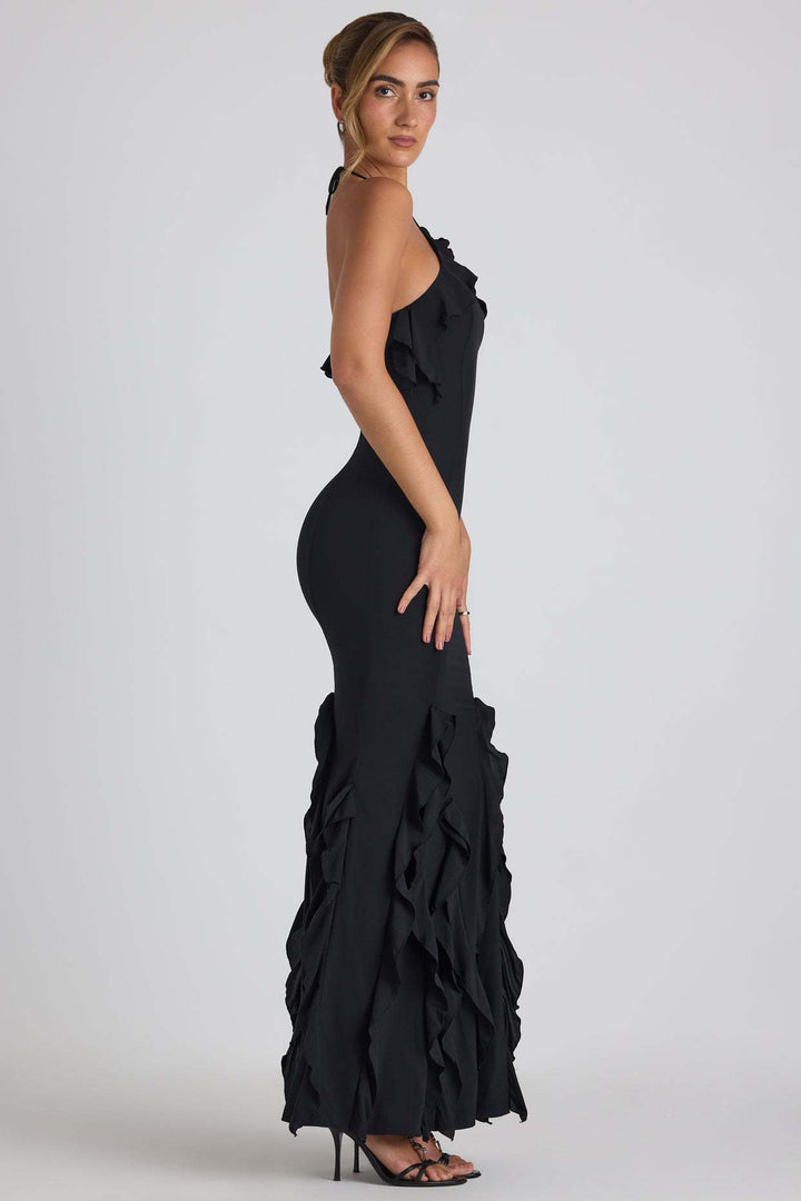 Black Halter Neck Ruffle Detail Dress