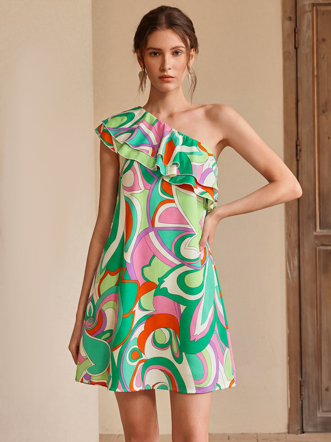 Green One Shoulder Ruffle Detail Dress