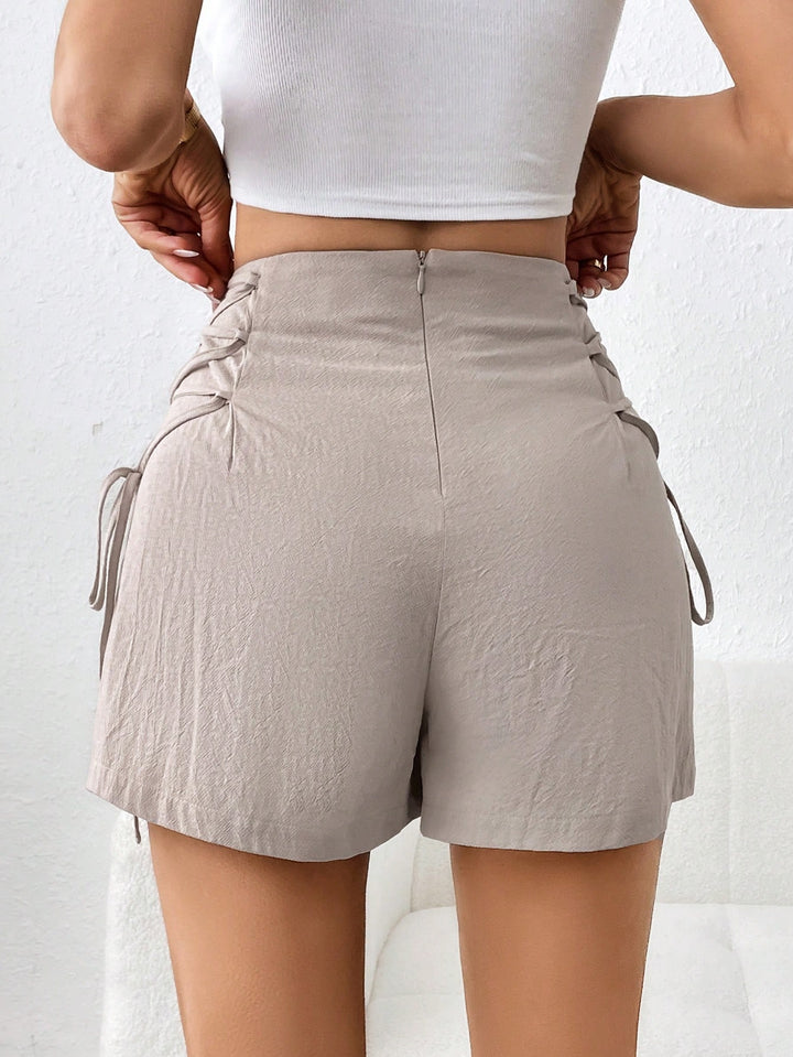 Beige High Waisted Side Gladiator Tie Up Shorts