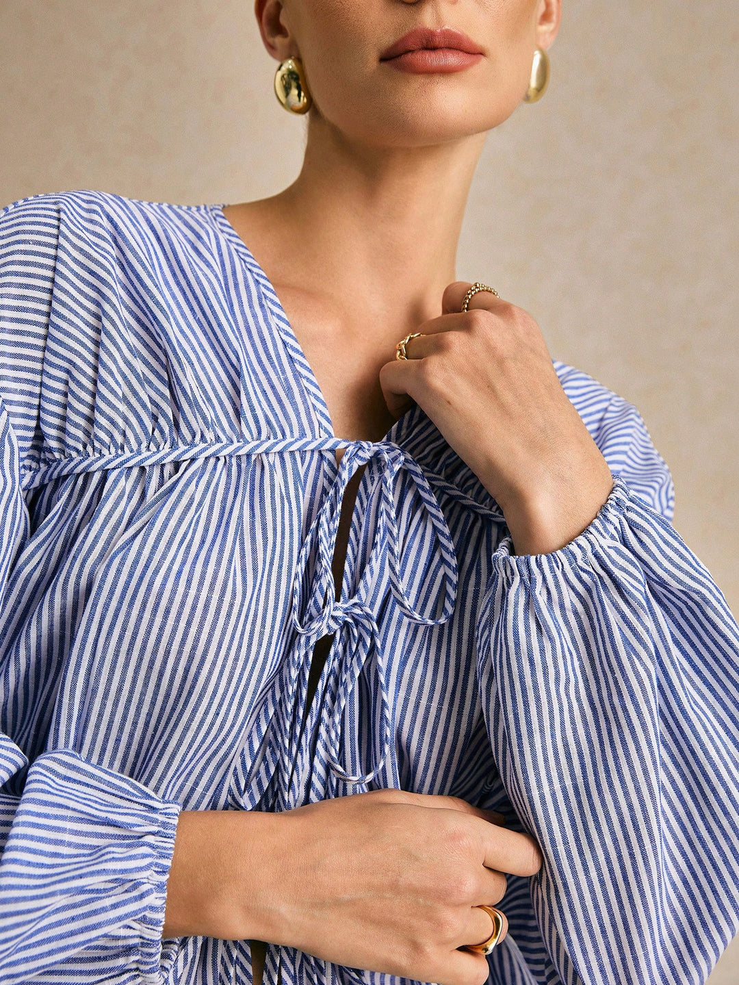 Blue Double Seam Bow Tie Up Blouse