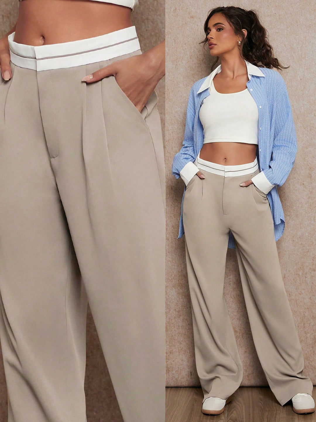 Beige Contrast Waist Band Wide Leg Trouser