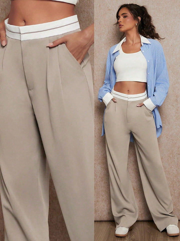Beige Contrast Waist Band Wide Leg Trouser