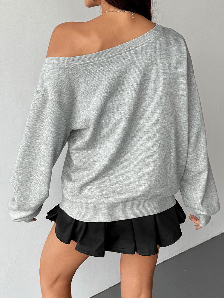 Grey One Shoulder Graphic Printed Sweatshirt