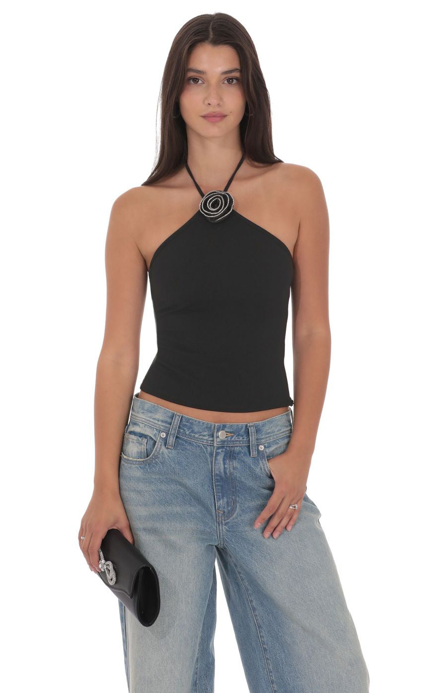 Black Halter Neck Floral Trim Top