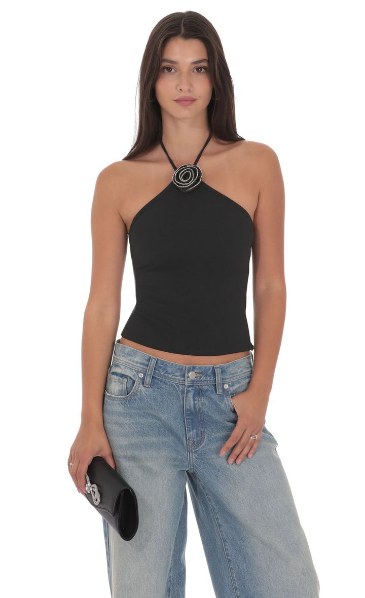 Black Halter Neck Floral Trim Top