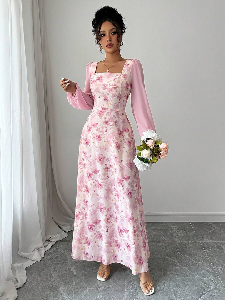 Pink Square Neck Balloon Sleeve Floral Dress