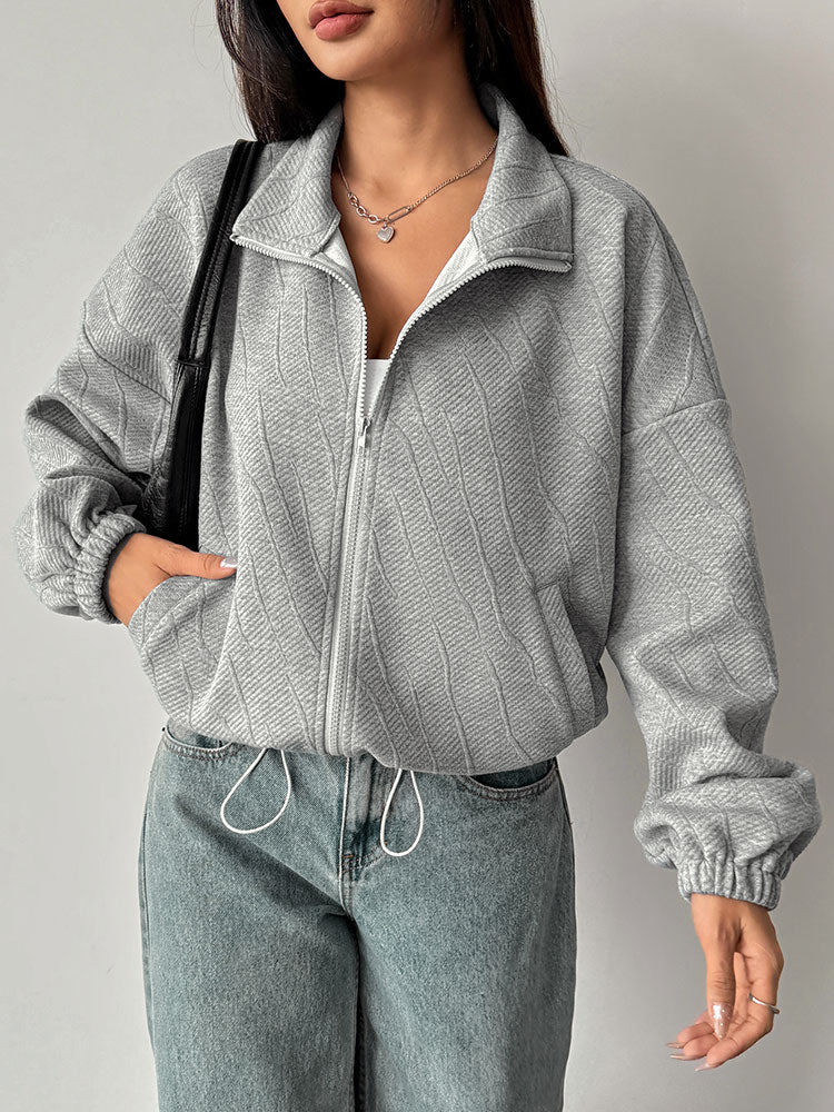 Grey Full Sleeve Collarded Front Zip Jacket