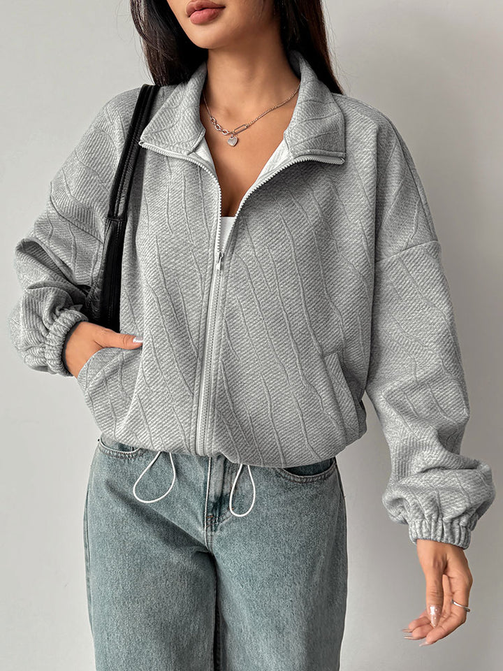 Grey Full Sleeve Collarded Front Zip Jacket