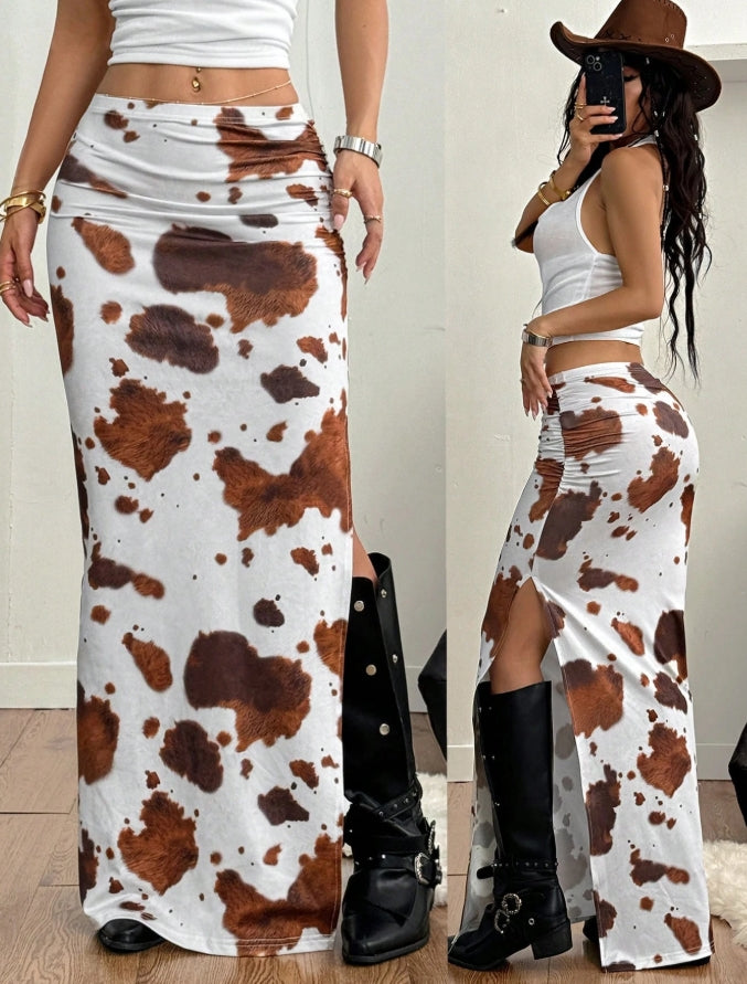 Multi Animal Printed Slit Skirt