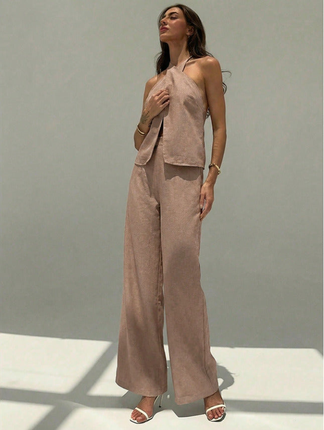 Brown Halter Neck Top And Pant Set