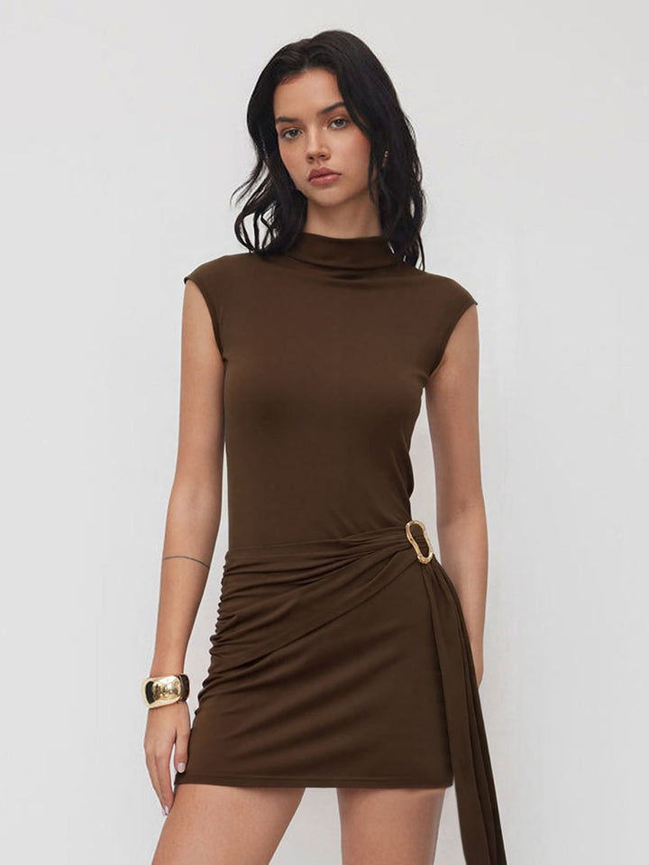 Brown Waist Buckle Mock Neck Dress