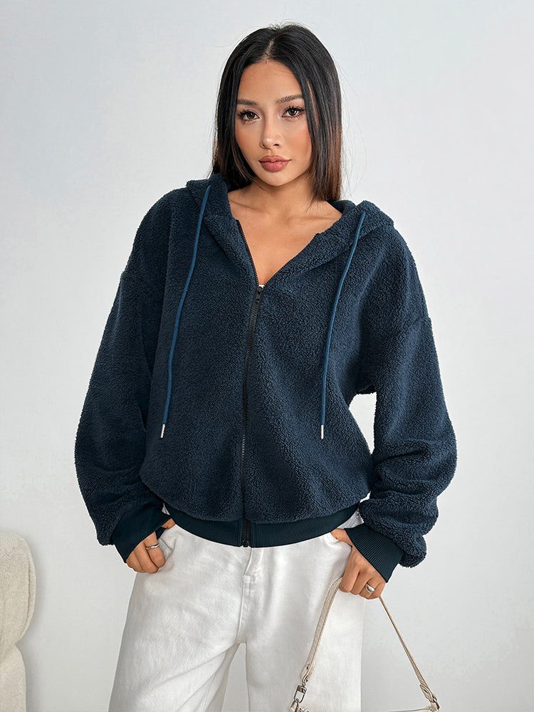 Navy Blue Full Sleeve Slouchy Hooded Jacket