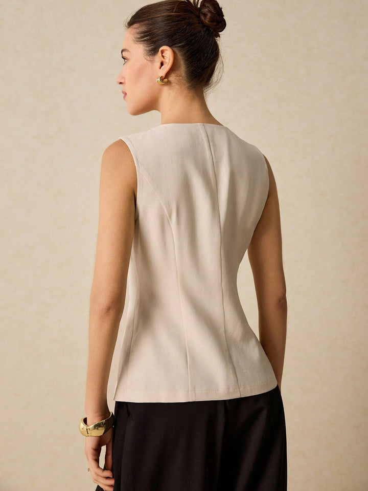 Cream Sleeveless Vest Top With Metal Buttons