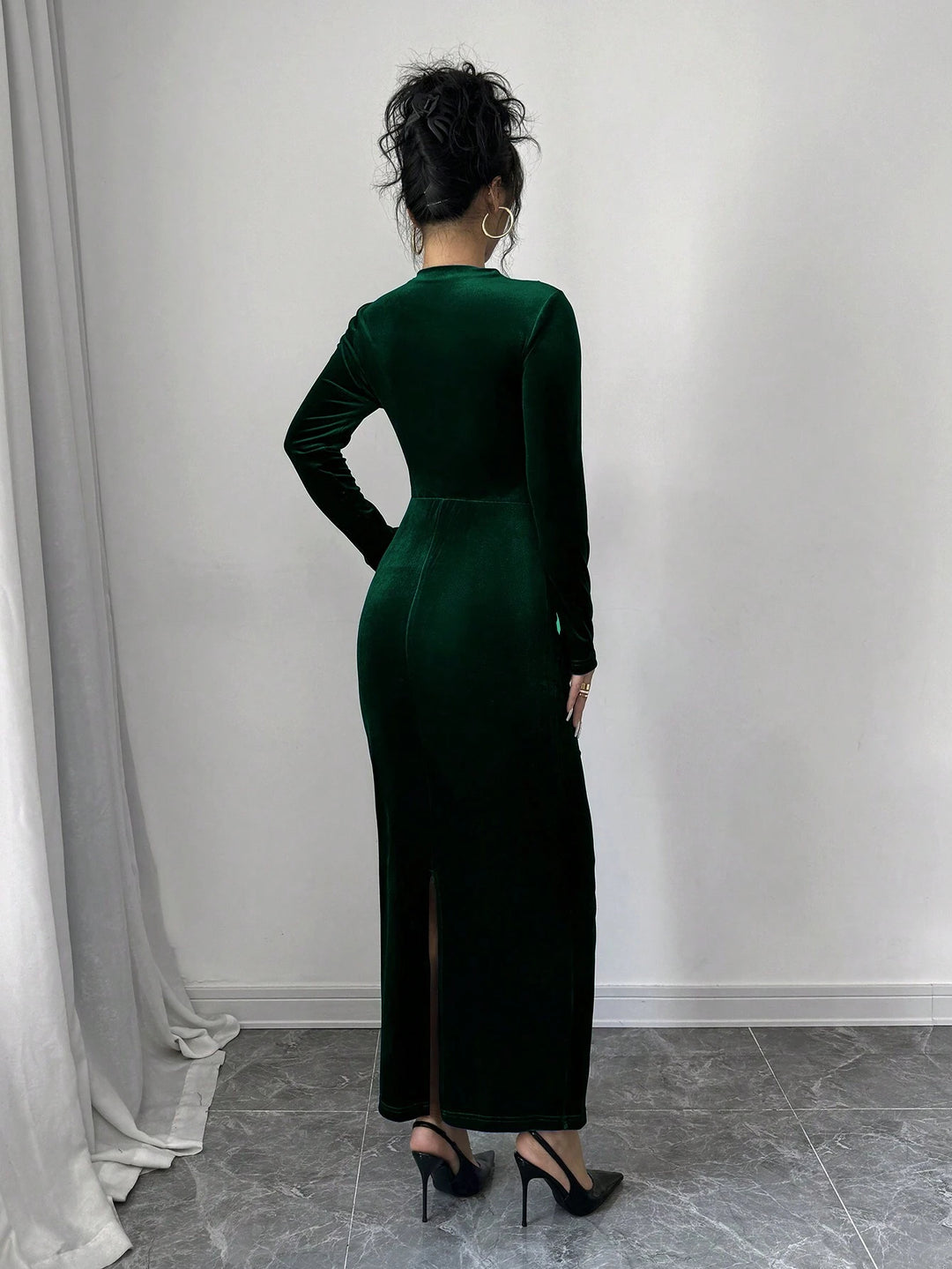 Green Full Sleeve Mock Neck Fitted Dress