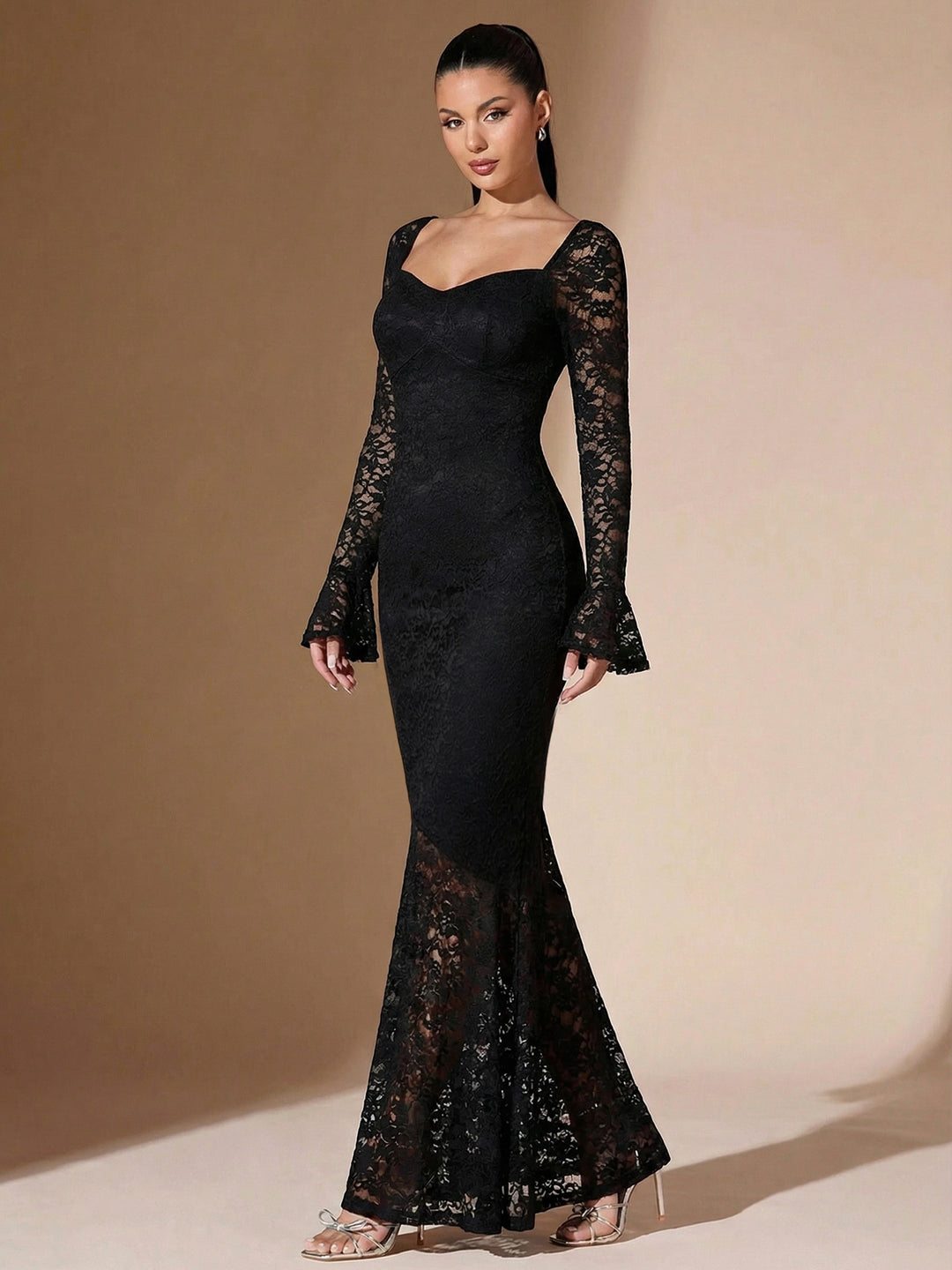 Black Bell Sleeve Sweetheart Neck Dress