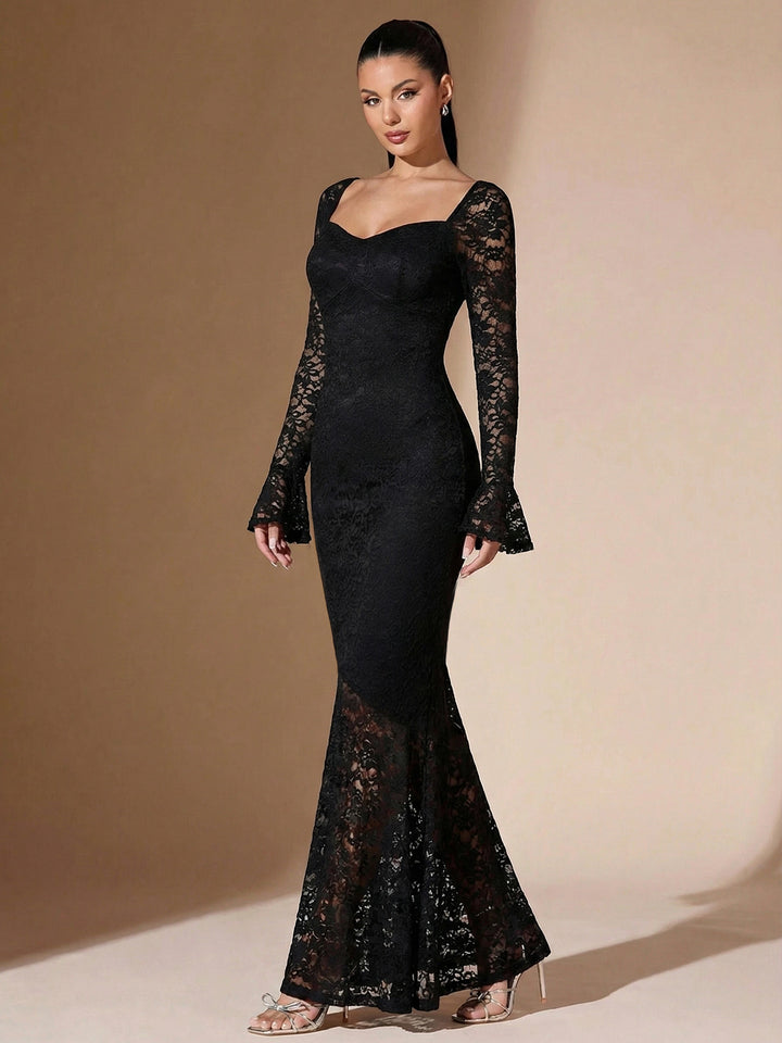 Black Bell Sleeve Sweetheart Neck Dress