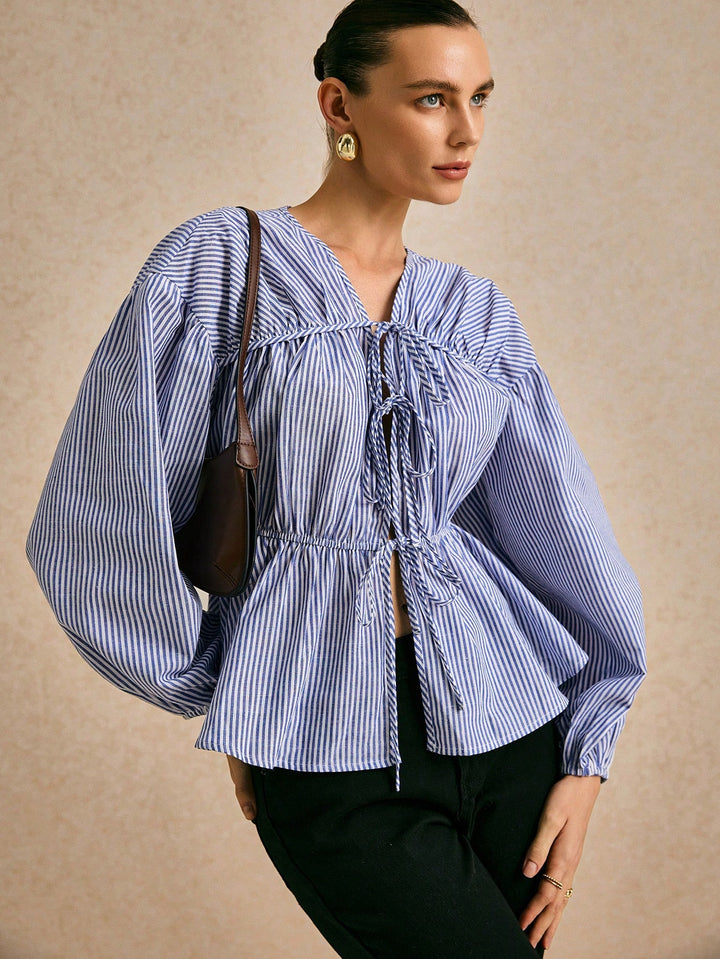 Blue Double Seam Bow Tie Up Blouse
