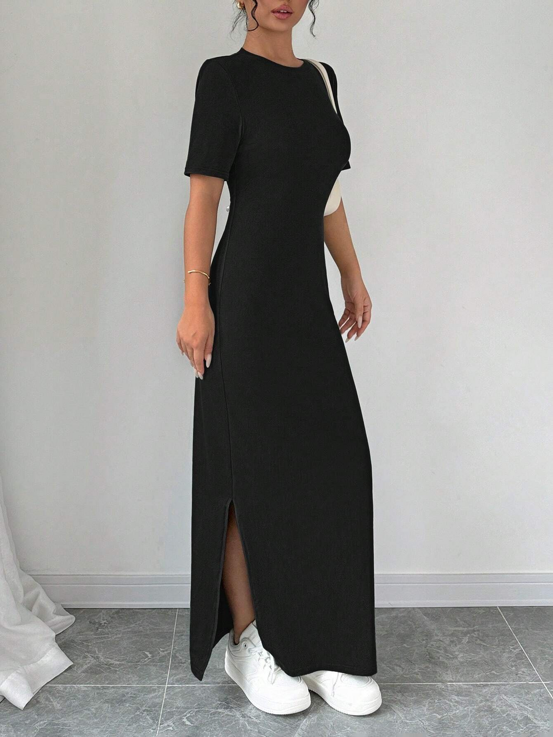 Black Short Sleeve Crew Neck Slit Dress
