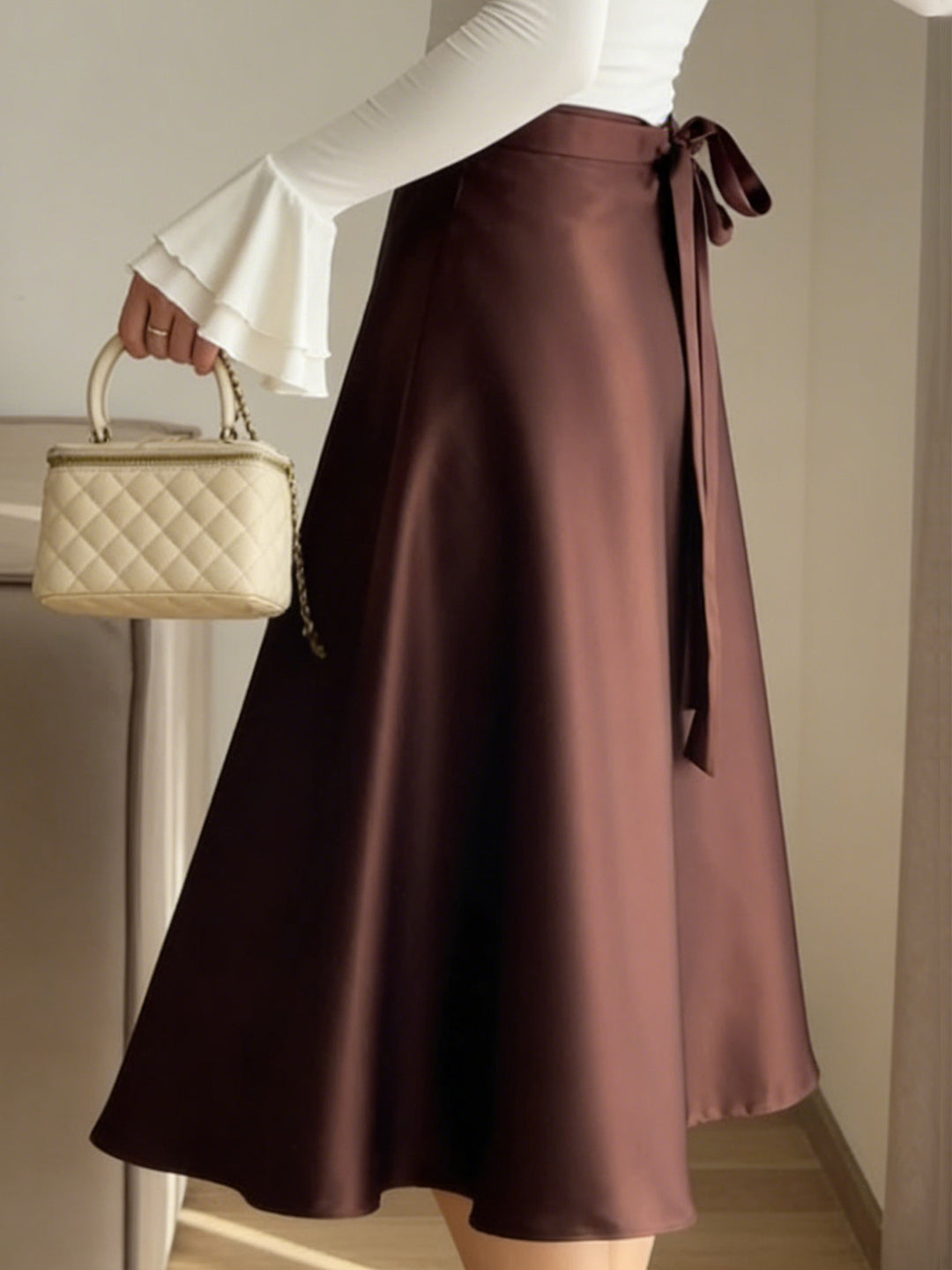 Brown High Waist Tie-Up Solid Skirt