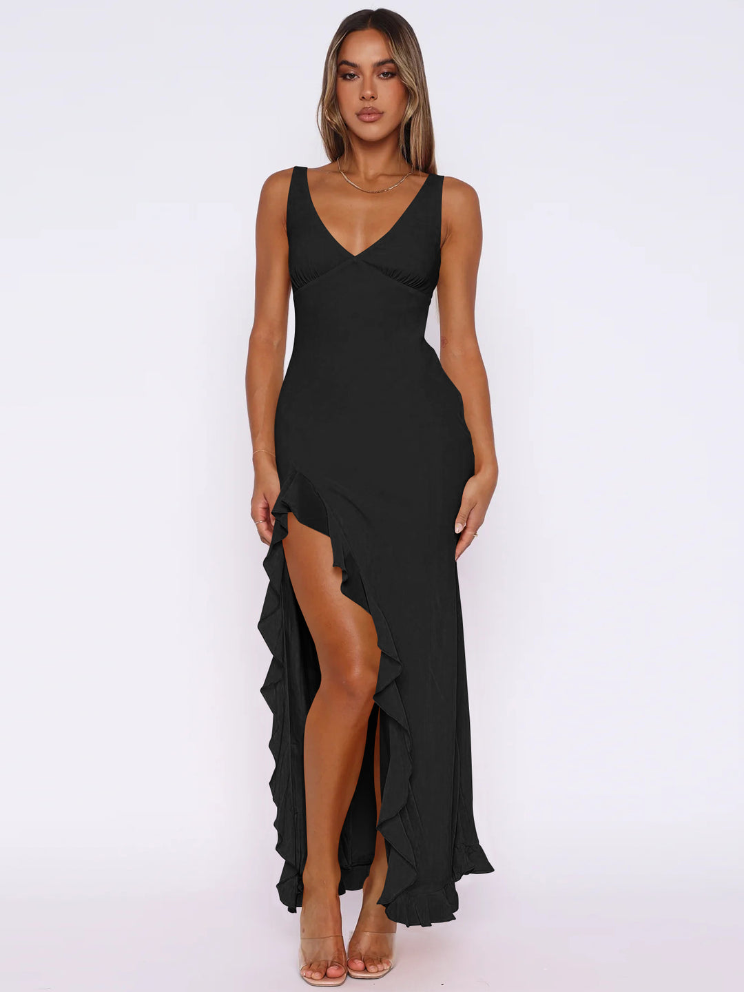 Black Shoulder Strap Ruffle Hem Dress