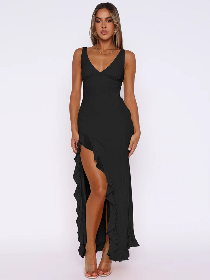 Black Shoulder Strap Ruffle Hem Dress