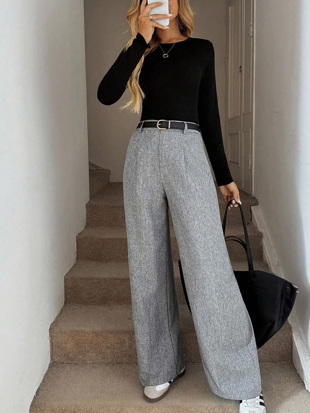 Grey High Waist Wide Leg Trousers