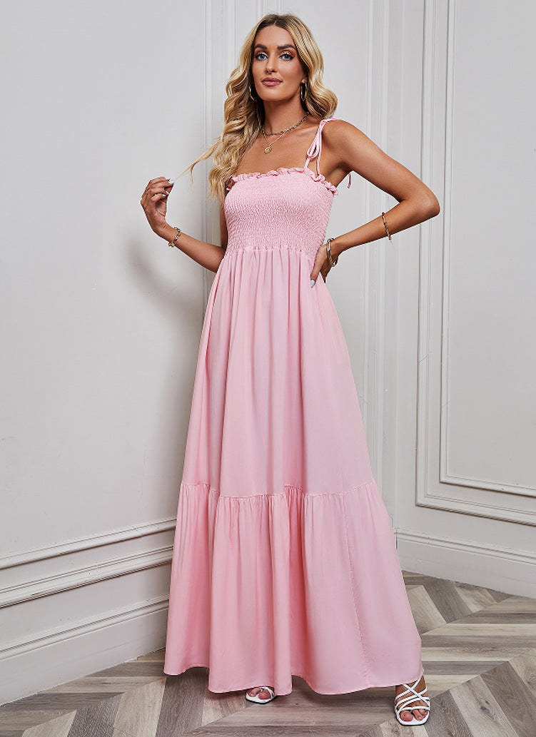 Pink Shoulder Tie-Up Tiered Dress