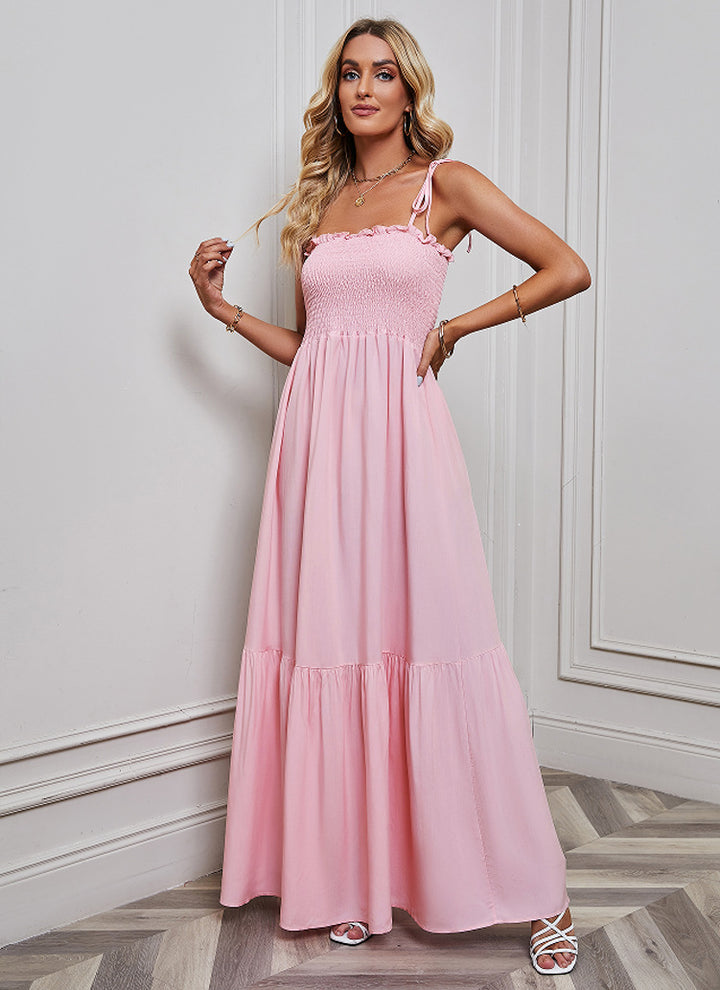 Pink Shoulder Tie-Up Tiered Dress