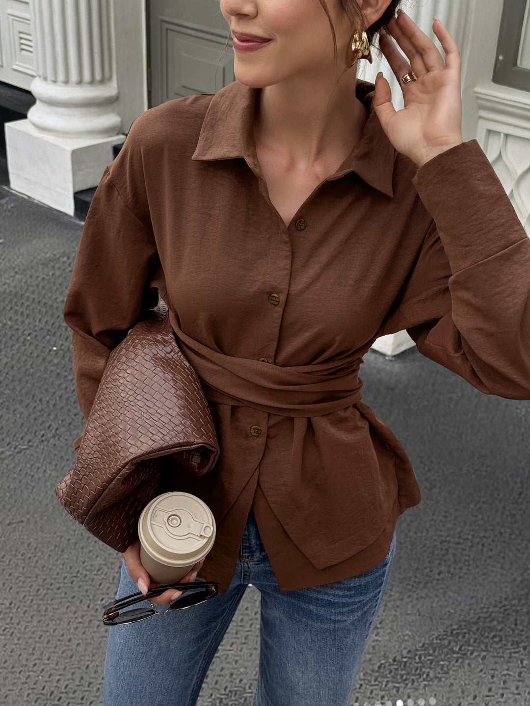 Brown Full Sleeve Waist Wrap Shirt