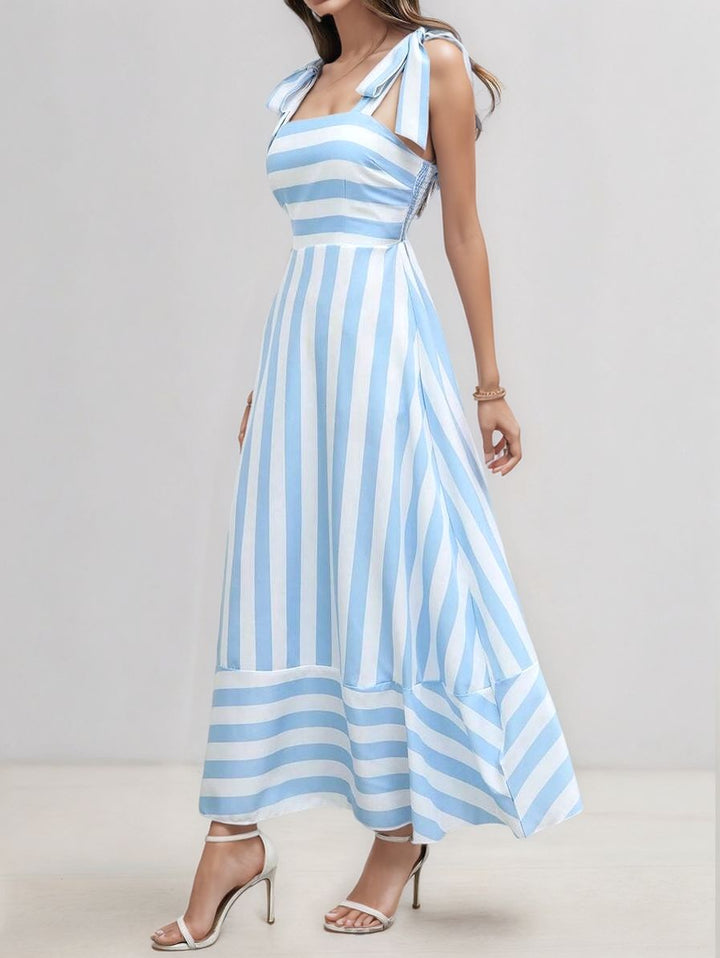 Blue Multi Stiped Tie Up Dress