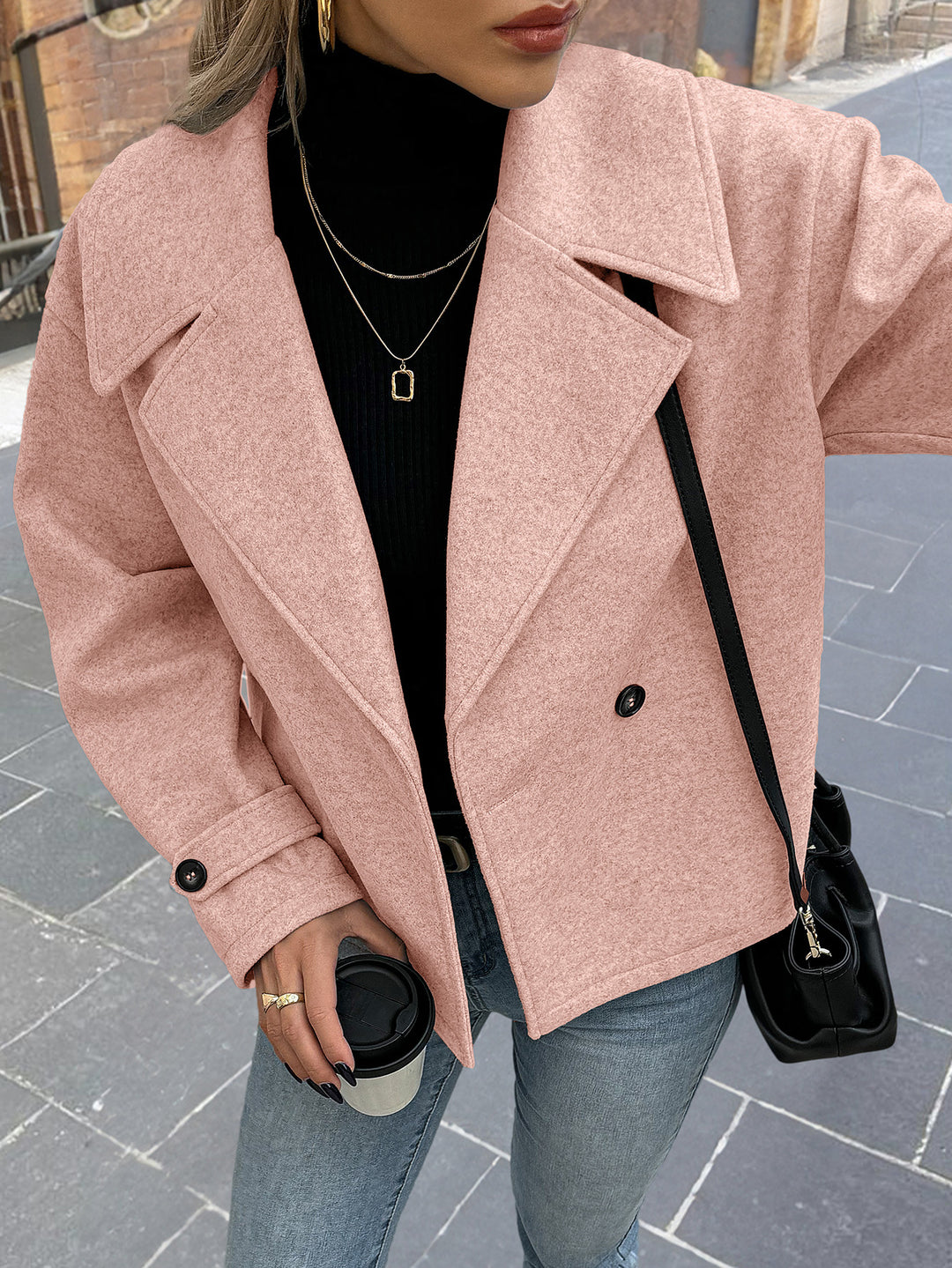 Pink Full Sleeve Stylized Collar Coat