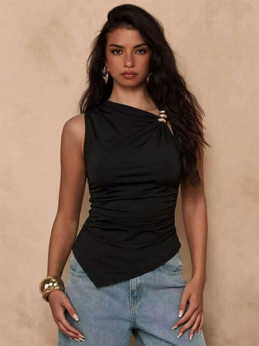 Black Asymmetric Top With Metal Buckle On Sleeve