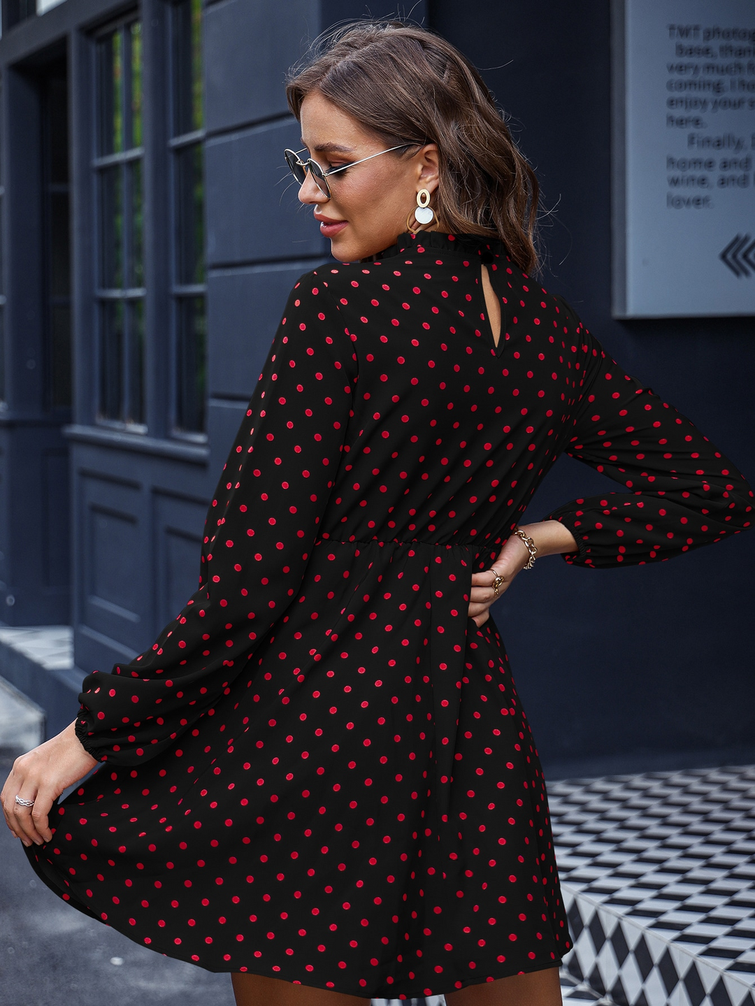Black Printed Mock Neck Waist Fitted Dress