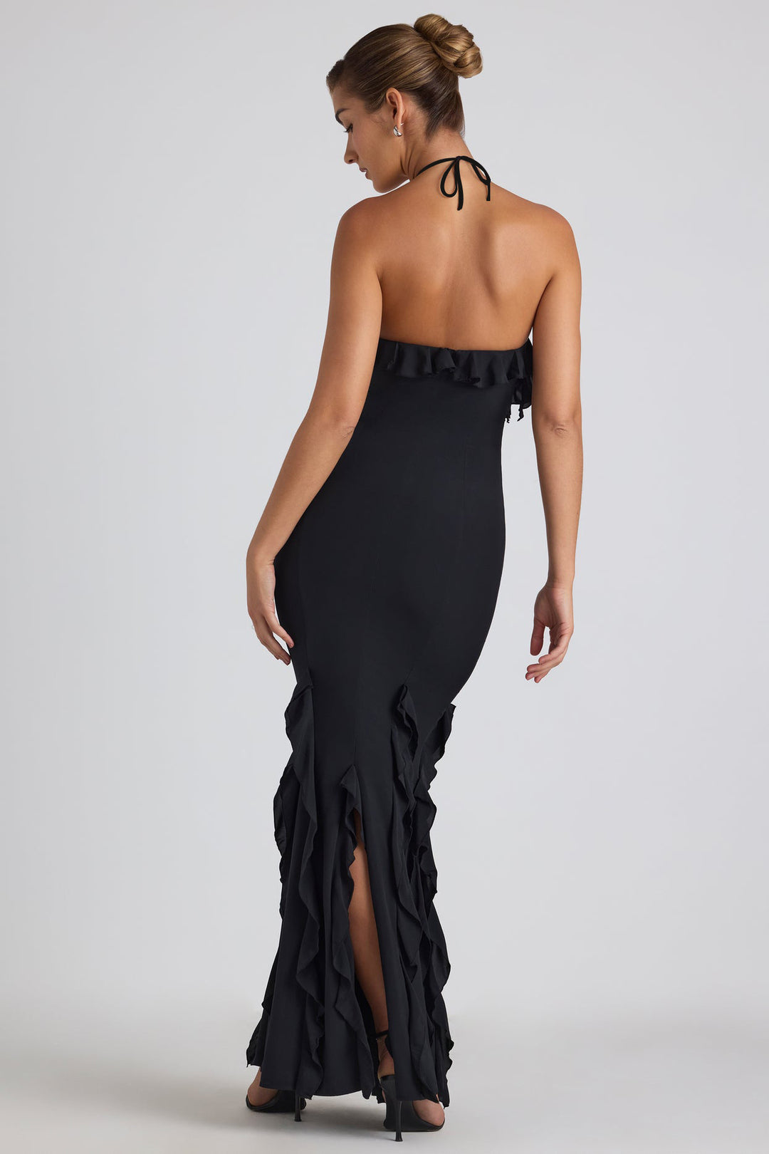 Black Halter Neck Ruffle Detail Dress