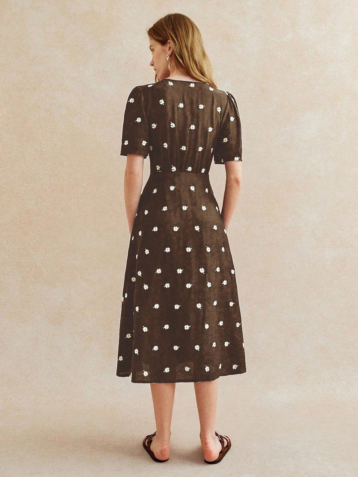 Brown V Neck Polka Dotted Dress